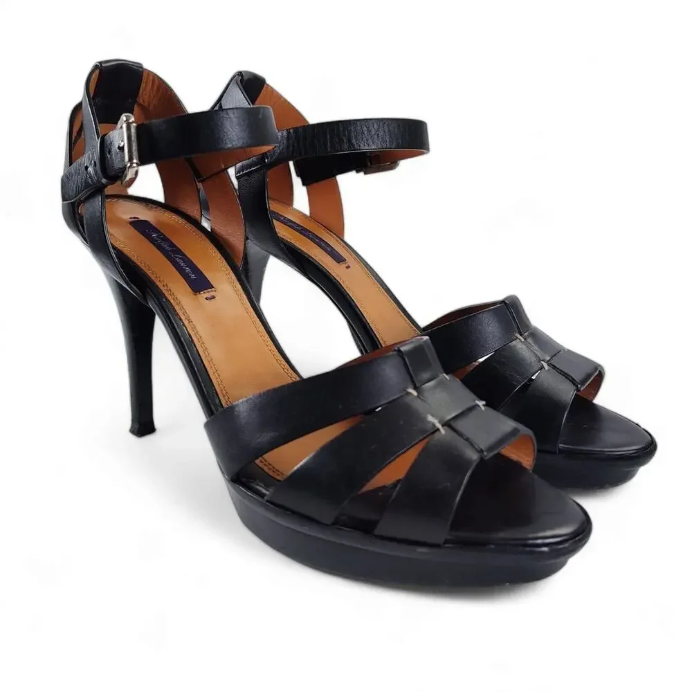 Ralph Lauren Collection Black Leather Platform Heels Ankle Strap Italy EU40